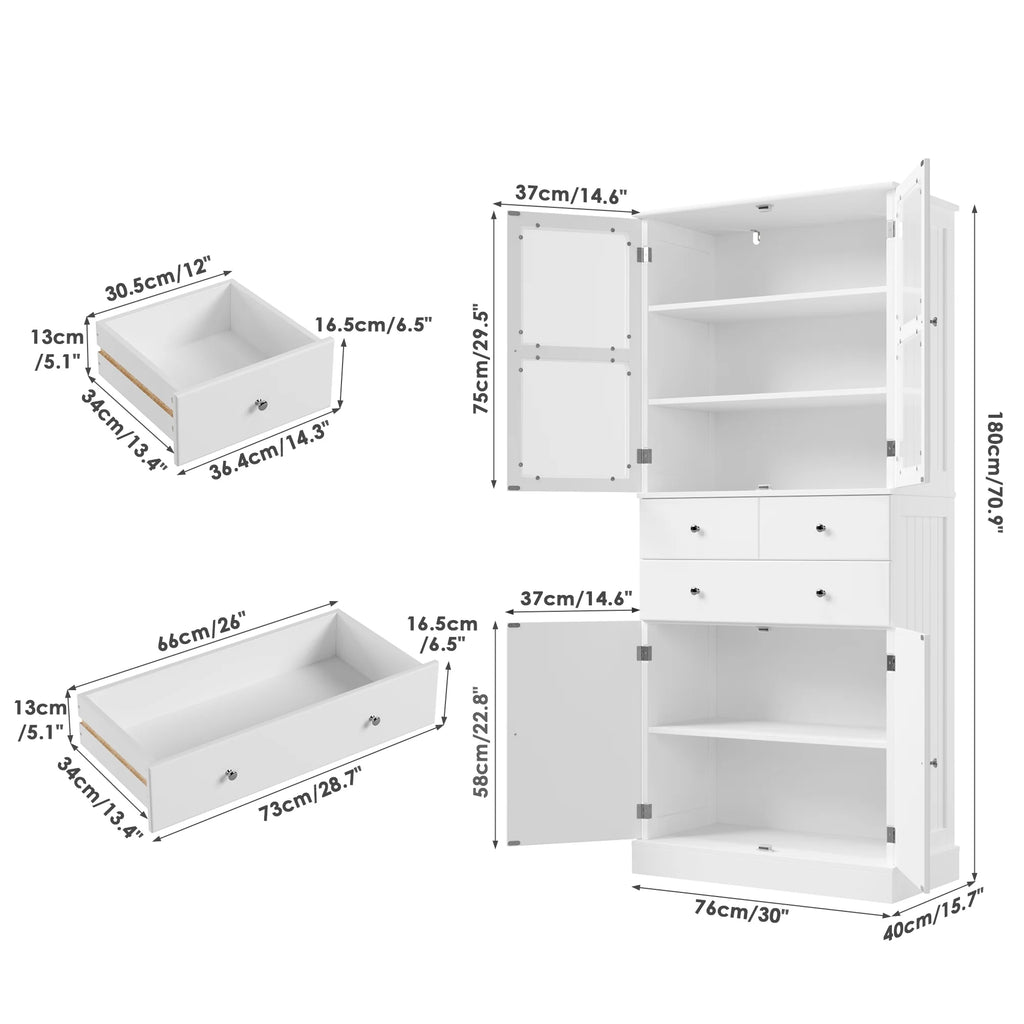 71" White Wood Bookcase with Glass Doors and 3 Drawers X4300