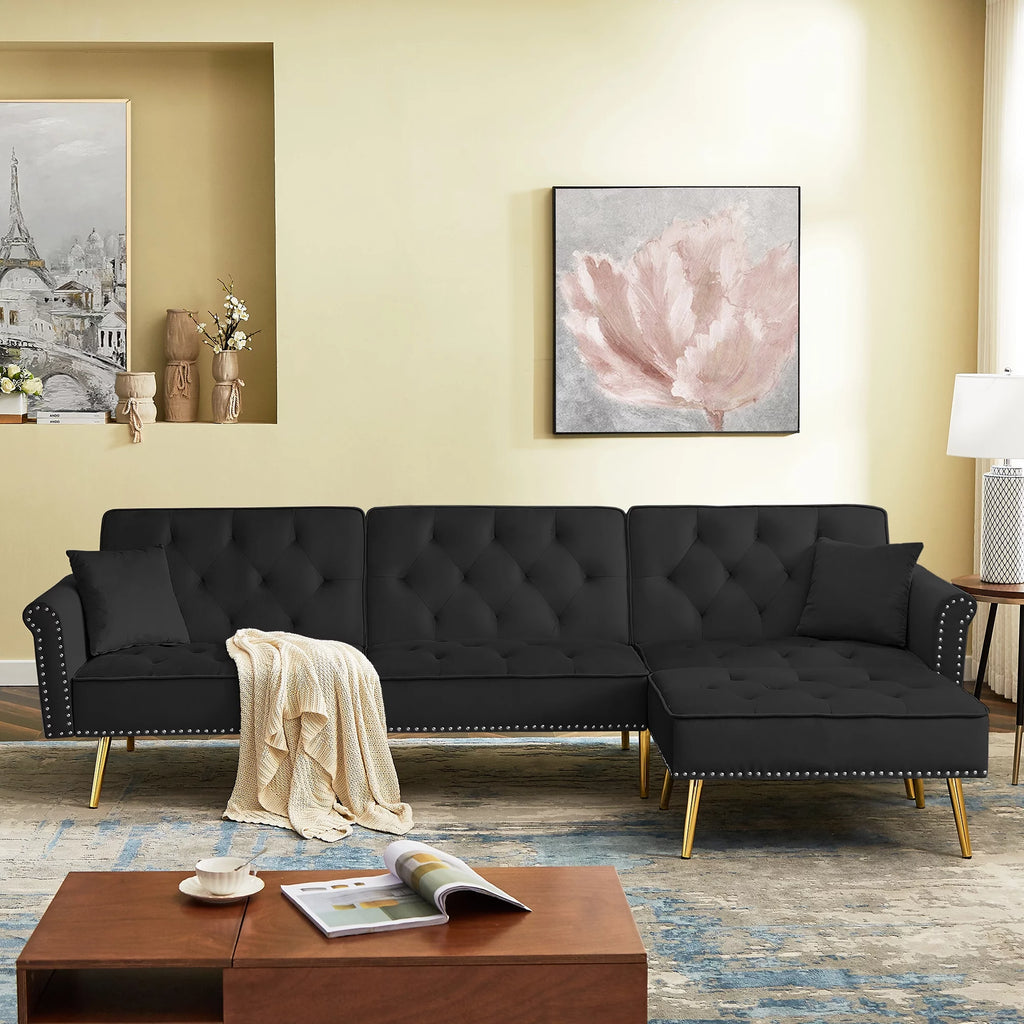 Velvet L Shaped Reversible Sectional Couch with Ottoman B375491
