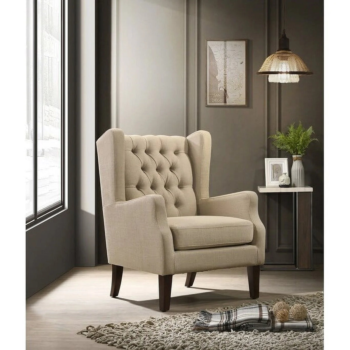 Linen Button Tufted Wingback Chair Blue C350329