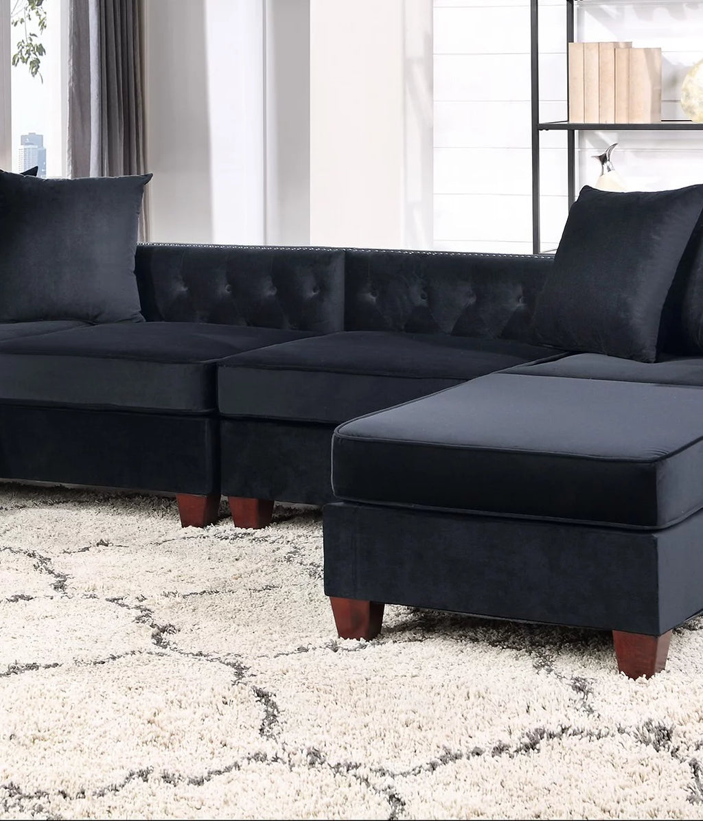 Black Velvet 4pc U-Sectional with Reversible Chaise and Ottoman J44275