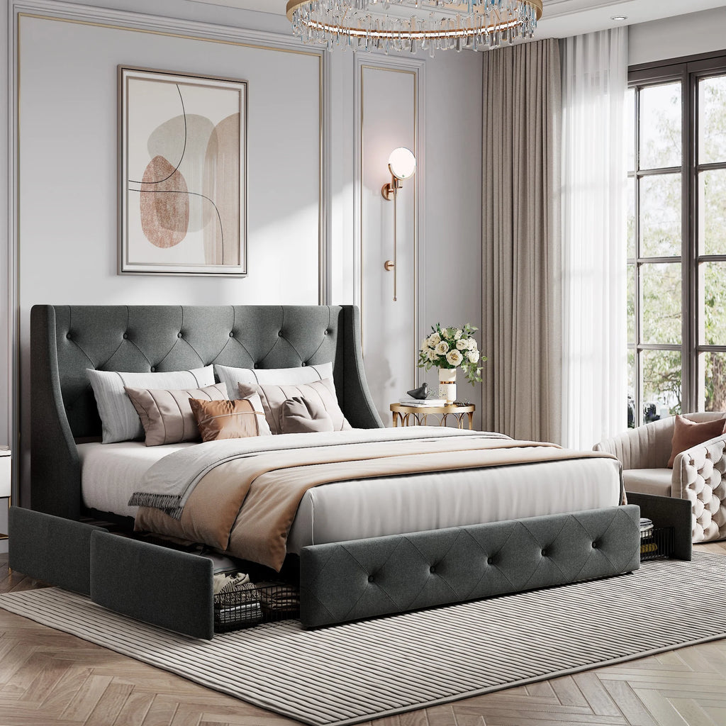Queen Size Platform Bed Frame with 4 Storage Drawers D131