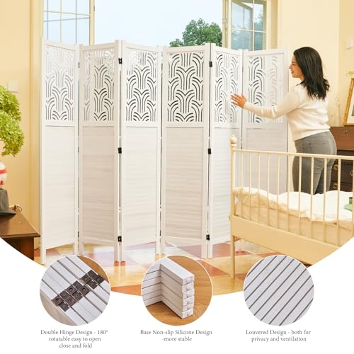 5.6 Ft Wood Carved Folding Room Divider 6 Panel Gray L5206