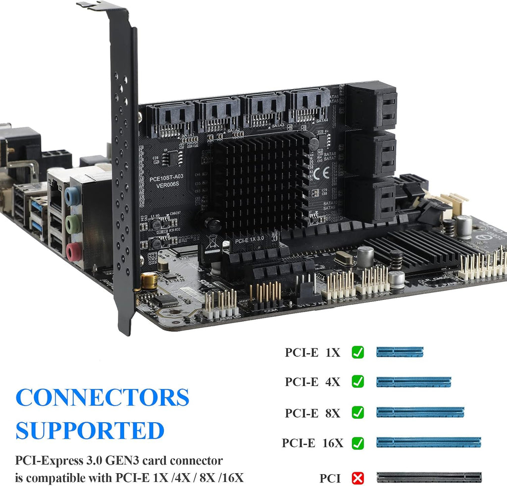 PCIE 1X 10 Ports 6 Gbps SATA 3.0 Expansion Card with Low Profile Bracket and 10 SATA Cables V146720