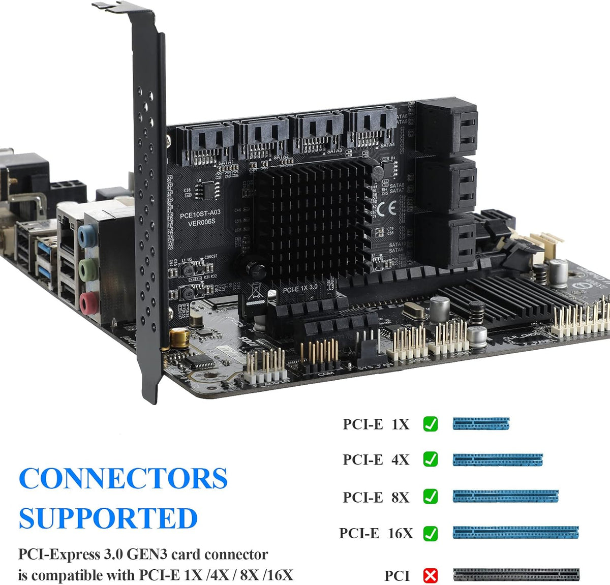 PCIE 1X 10 Ports 6 Gbps SATA 3.0 Expansion Card with Low Profile Bracket and 10 SATA Cables V146720