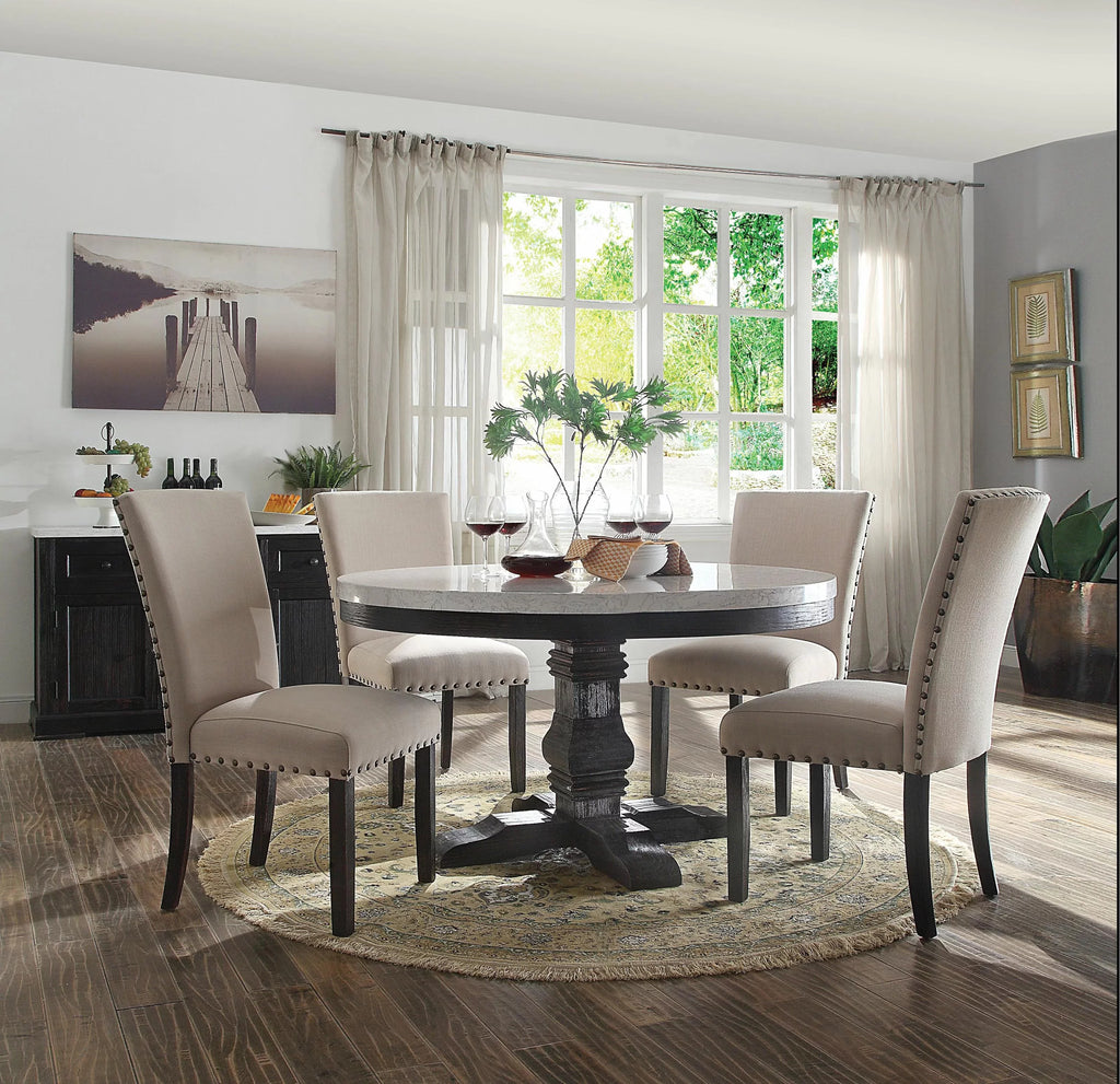 White Marble & Dark Oak Dining Table + 4 Chairs W480602