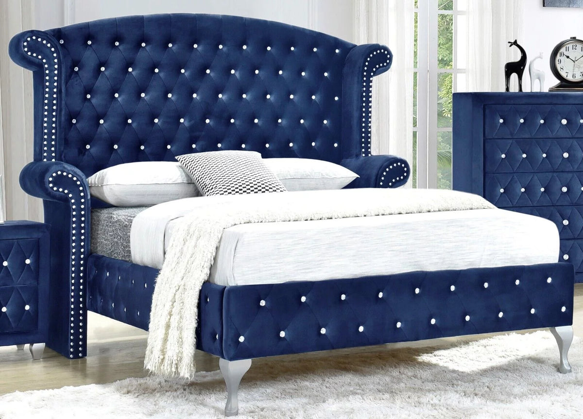 5Pc King Size Bed Dresser Mirror Nightstand Set Blue Velvet B73969