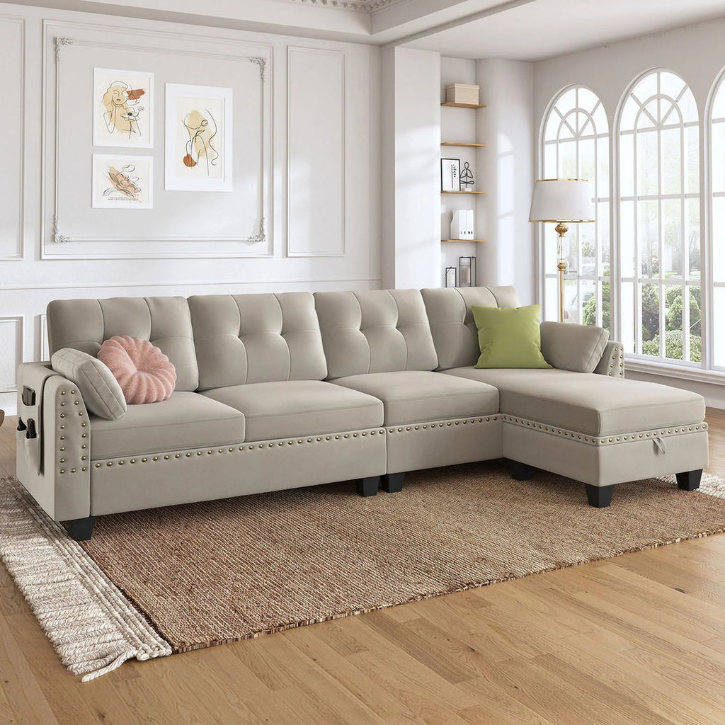 Black Velvet L Shaped Sectional Couch with Reversible Chaises and Storage Ottoman M5603