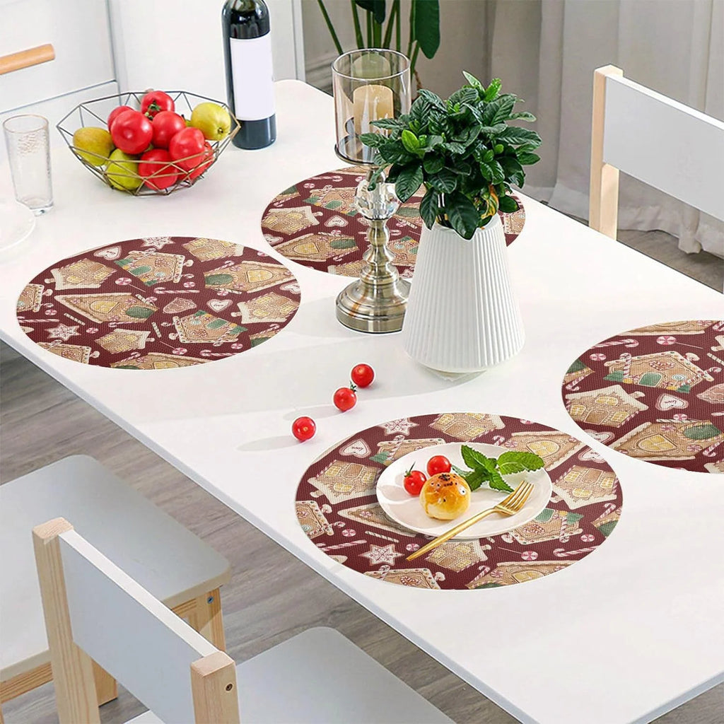 Christmas Gingerbread House Round Placemats Set of 6 Non-Slip PVC Washable Heat Resistant 15.4 Inch W645894
