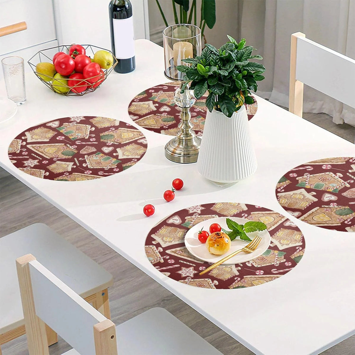Christmas Gingerbread House Round Placemats Set of 6 Non-Slip PVC Washable Heat Resistant 15.4 Inch W645894