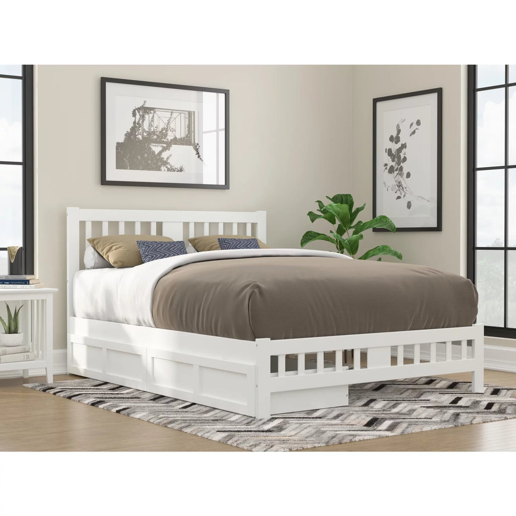 White Wood Queen Bed with Footboard and 2 Drawers I33621