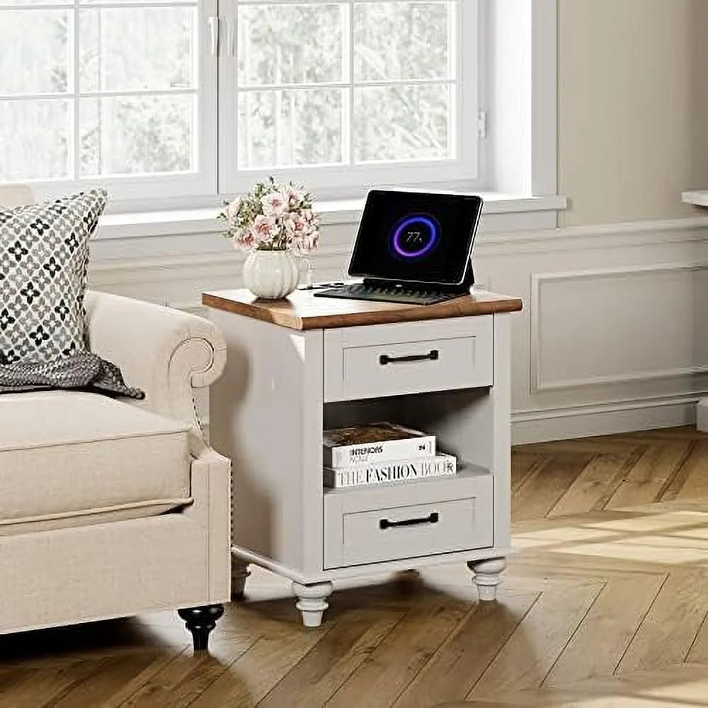 Antique White Nightstand with Charging Station and 2 Drawers G7078