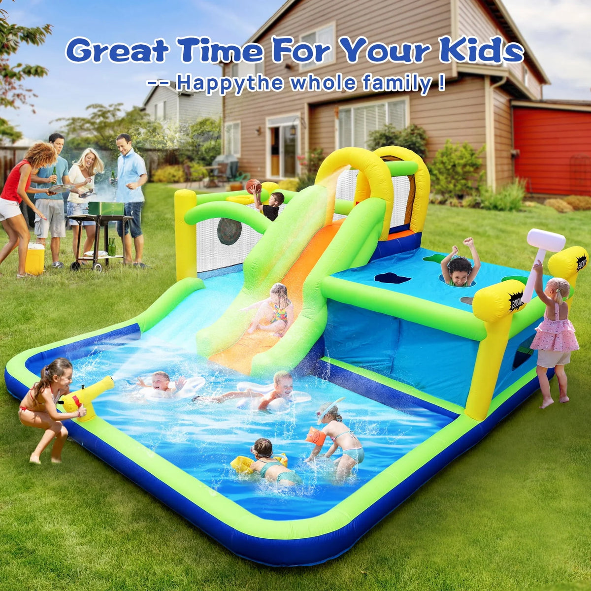 7 in 1 Inflatable Water Park with Slide Splash Pool O684345