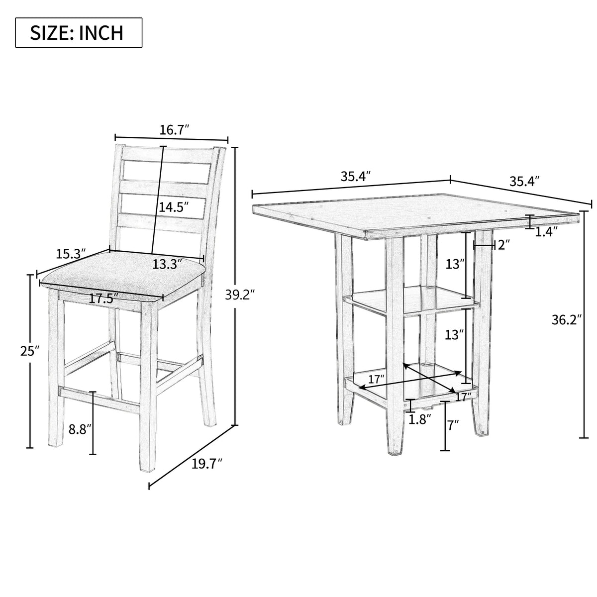 5-Piece Wooden Counter Height Dining Set with Padded Chairs C474433