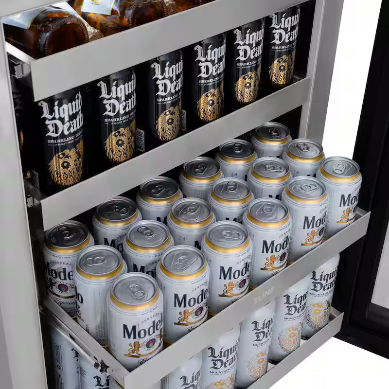 24 in. Single Zone 151-Can Beverage Fridge with Glass Door in Stainless Steel Q394126