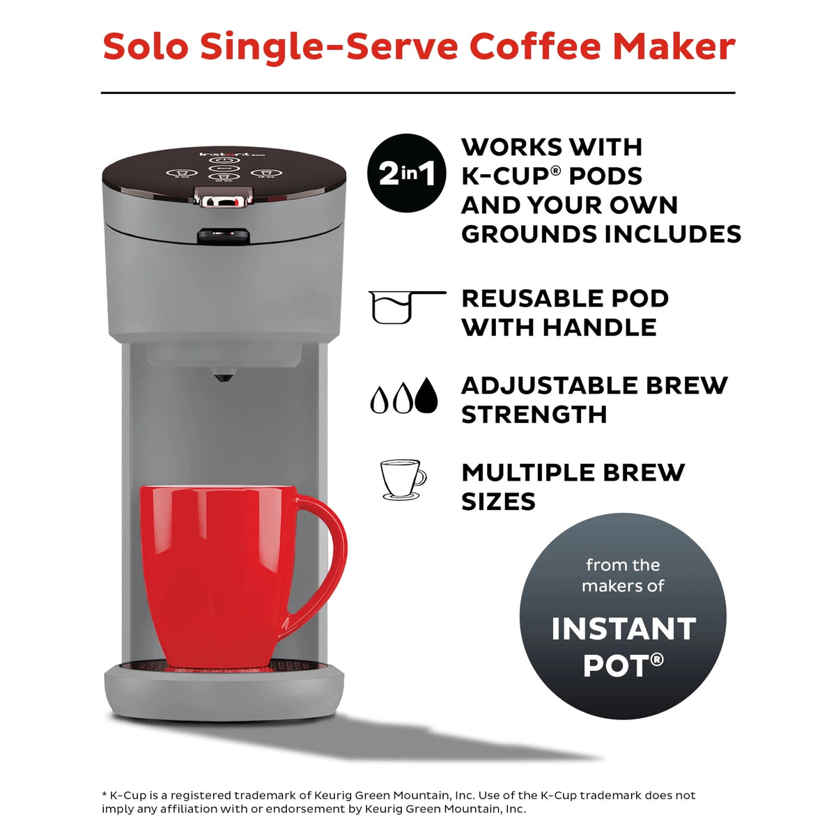 2-in-1 Single Serve Coffee Maker with 3 Brew Sizes, Maroon Red Z6278