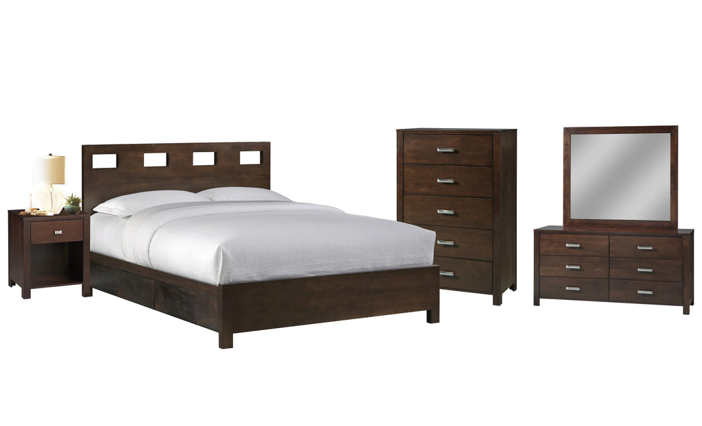 5PC Twin Storage Bed Dresser Mirror & Chest Set in Mocha Brown Mahogany L957143