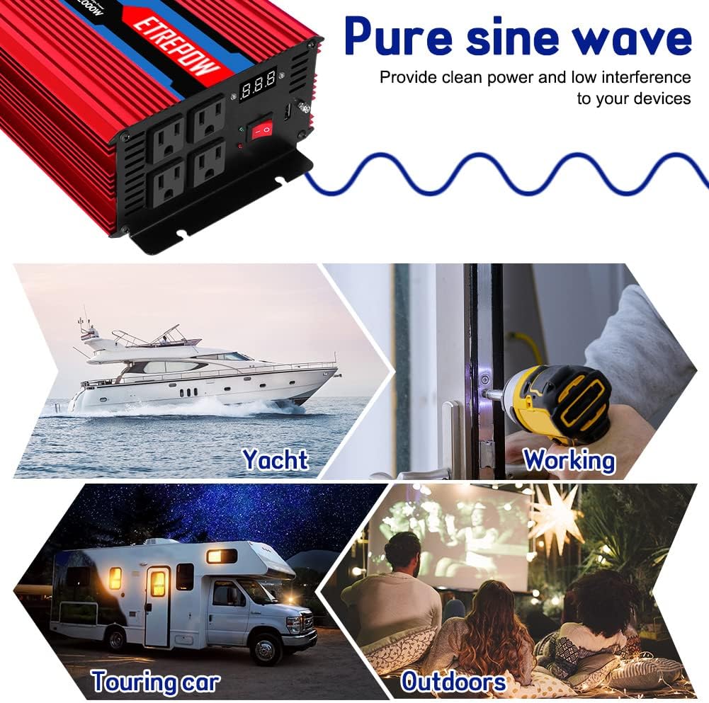 1000 Watt Pure Sine Wave Power Inverter 12V DC to 110V AC I121290