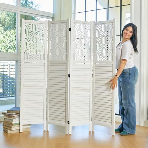 5.6 Ft Wood Carved Folding Room Divider 6 Panel Gray L5206