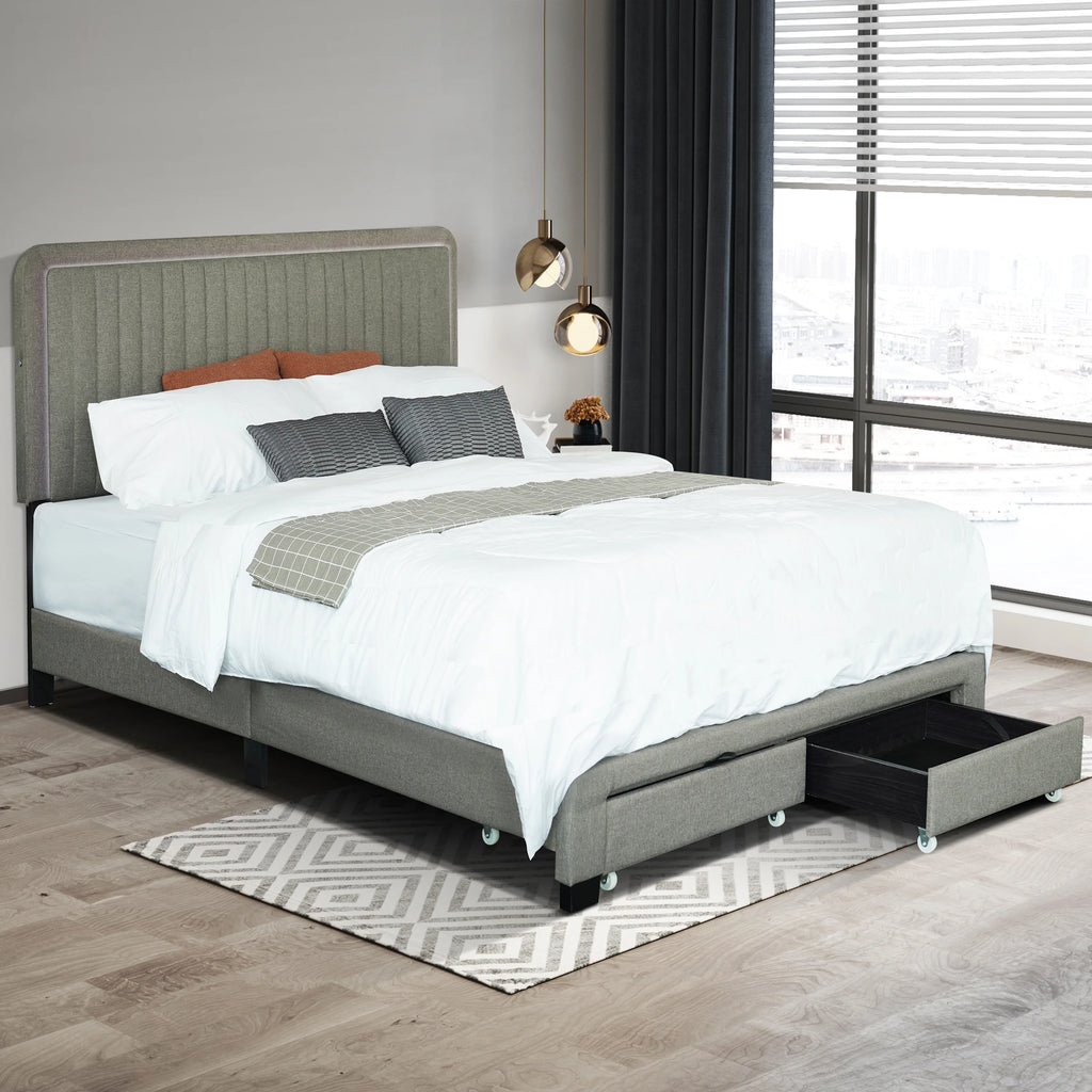 Queen Linen Upholstered Platform Bed Frame with LED Headboard and Footboard Drawers M4425