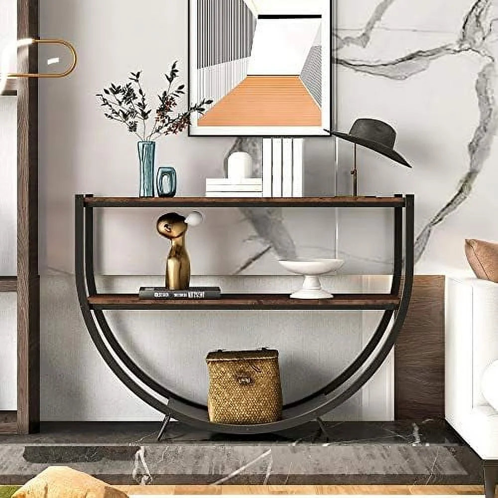 48" Demilune Shape Narrow Rustic Industrial Textured Metal Distressed Wood Console Table G63685
