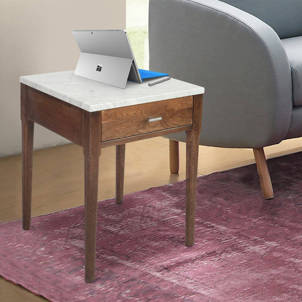Square Italian Carrara White Marble Side Table with Legs - Tan G8240