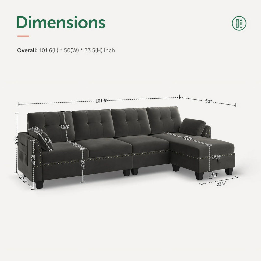 Black Velvet L Shaped Sectional Couch with Reversible Chaises and Storage Ottoman M5603