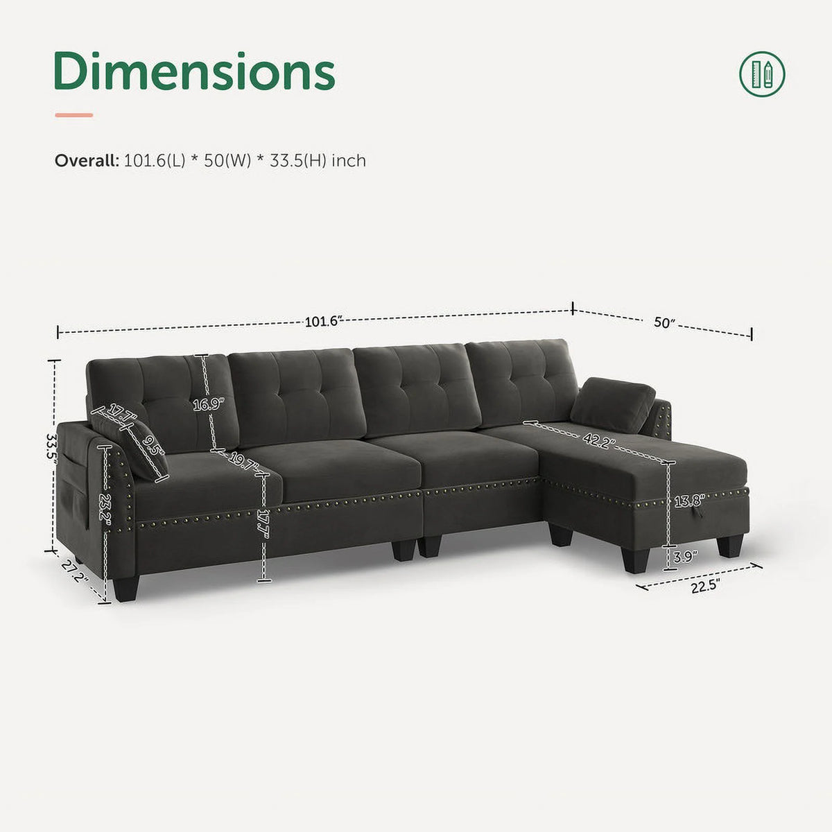 Black Velvet L Shaped Sectional Couch with Reversible Chaises and Storage Ottoman M5603
