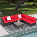 7 Pc Pe Rattan Wicker Sectional Sofa Set with Red Cushions U43296