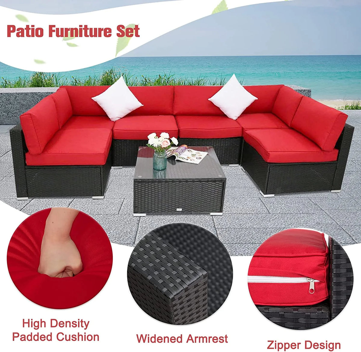 7 Pc Pe Rattan Wicker Sectional Sofa Set with Red Cushions U43296