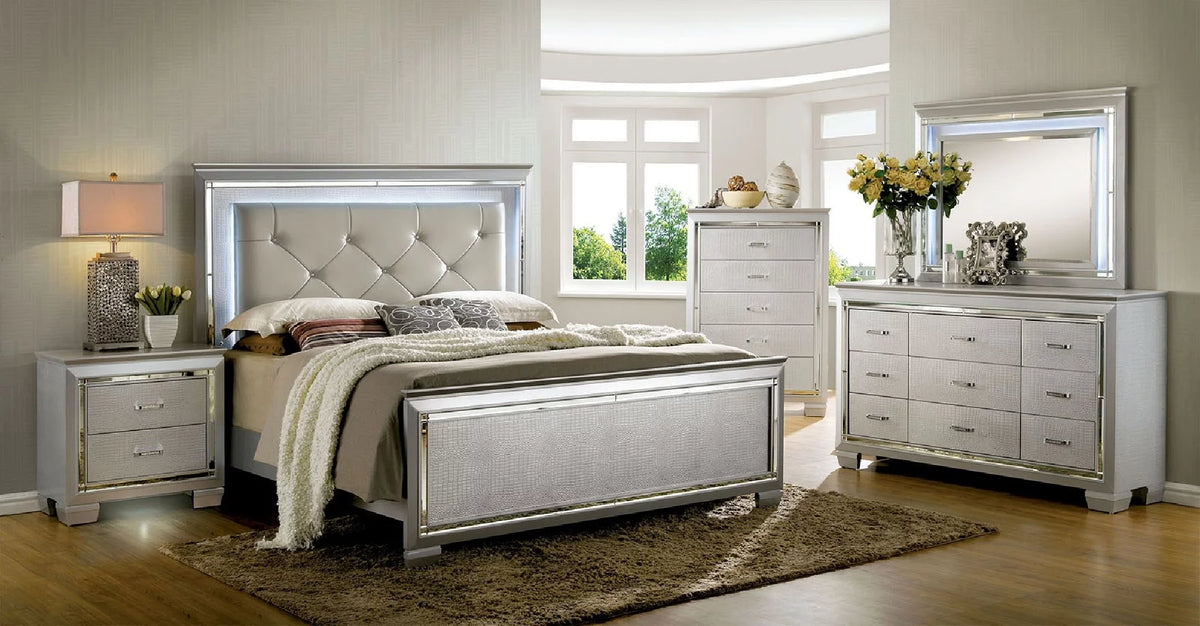 Silver 4pc Eastern King Size Bed Dresser Mirror Nightstand Set T530