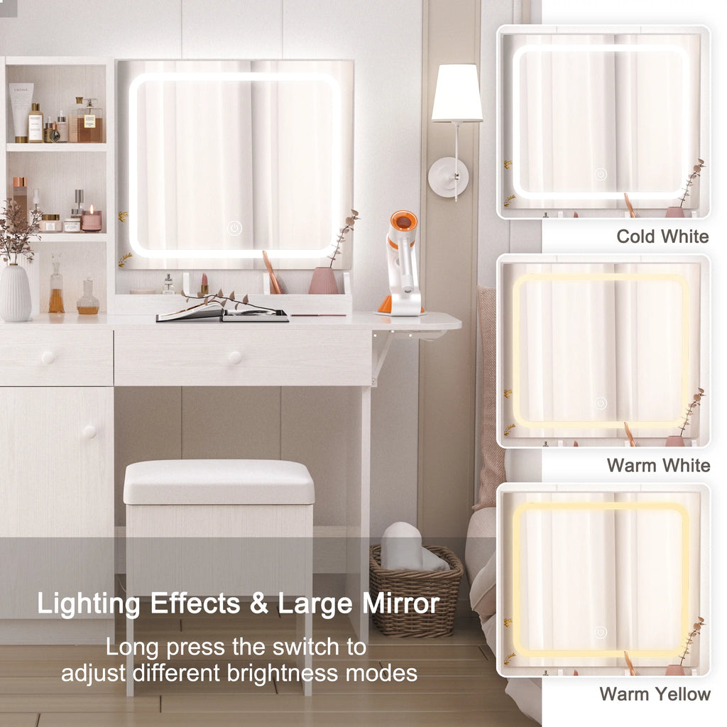 White Vanity Desk with Lighted Mirror and Stool T384072
