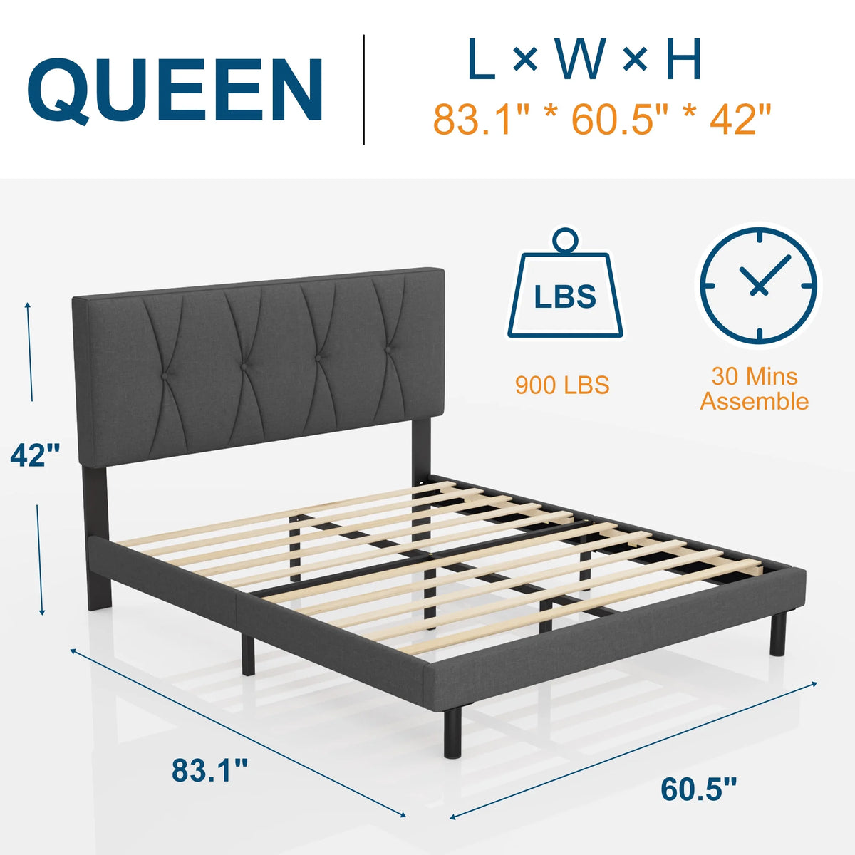 Queen Size Fabric Upholstered Platform Bed Frame T87214
