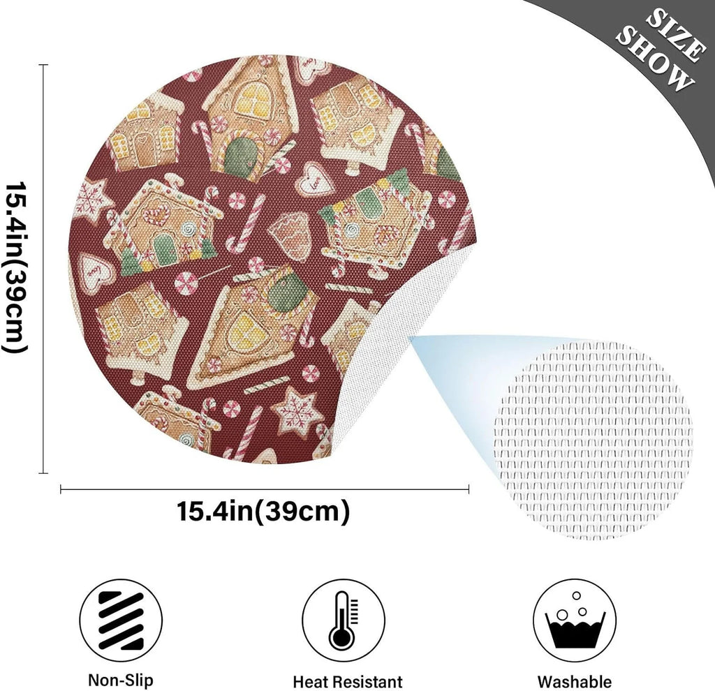 Christmas Gingerbread House Round Placemats Set of 6 Non-Slip PVC Washable Heat Resistant 15.4 Inch W645894