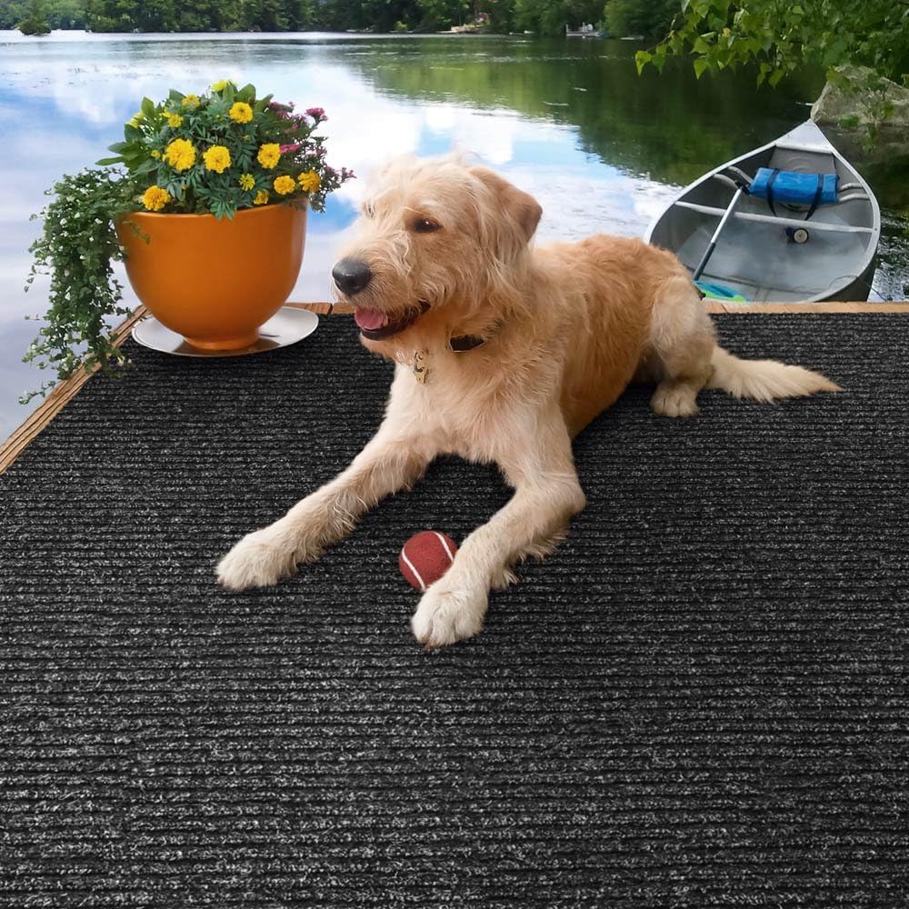Charcoal Black Ribbed Indoor Outdoor Carpet 6 Feet X 10 Feet Q756