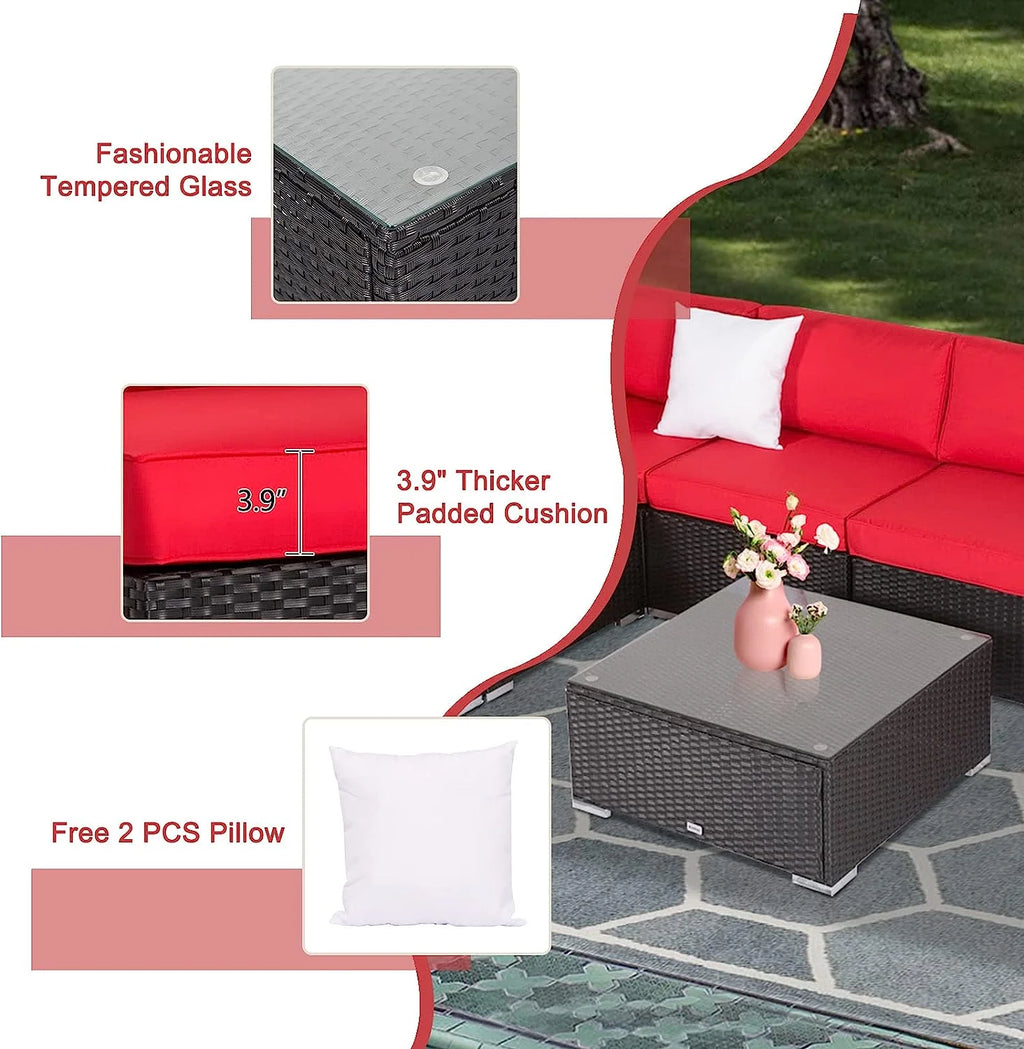 7 Pc Pe Rattan Wicker Sectional Sofa Set with Red Cushions U43296