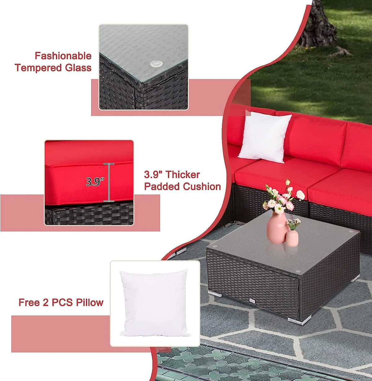 7 Pc Pe Rattan Wicker Sectional Sofa Set with Red Cushions U43296