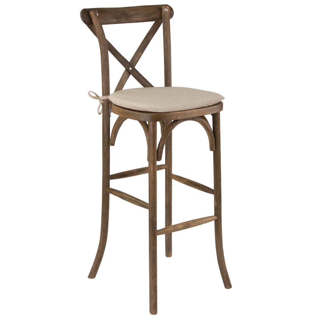 Dark Antique Wood Cross Back Barstool with Cushion W4685