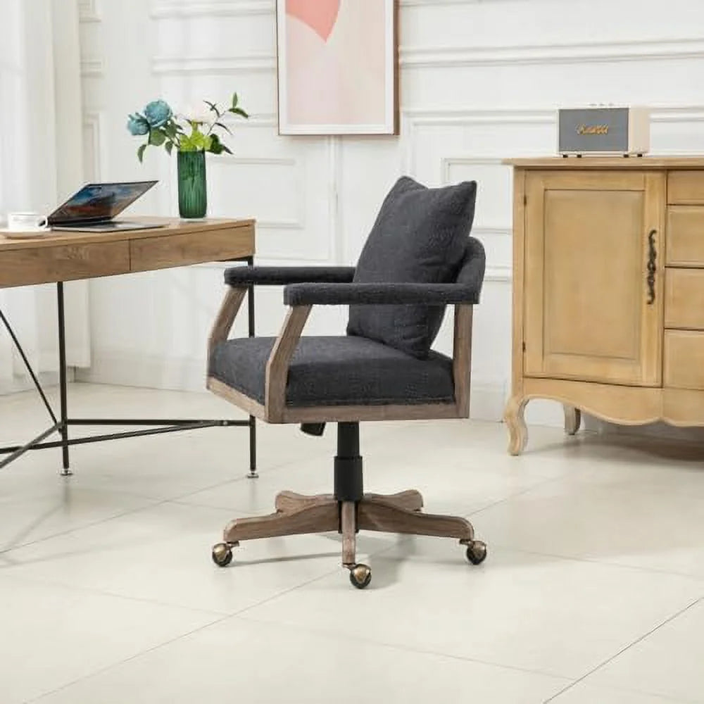 Black Boucle Desk Chair with Wheels and Wood Legs F6286
