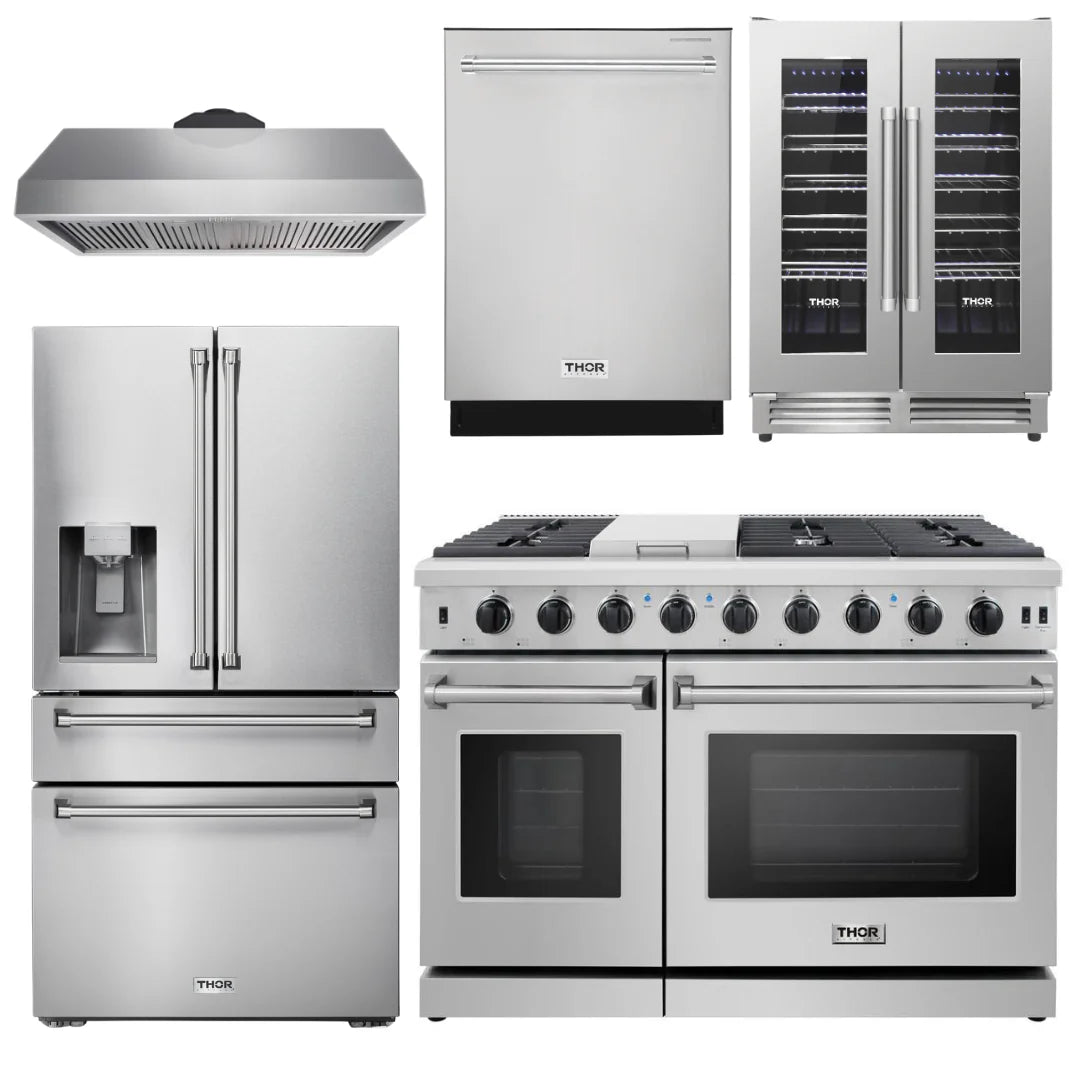 48 Gas Range, Range Hood, Refrigerator with Water and Ice Dispenser, Dishwasher & Wine Cooler N63485