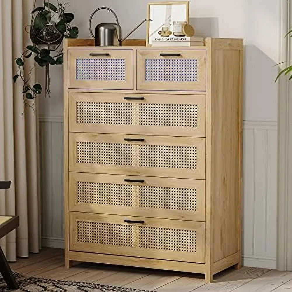 Rattan 6 Drawer Wood Dresser with LED Lights I2003