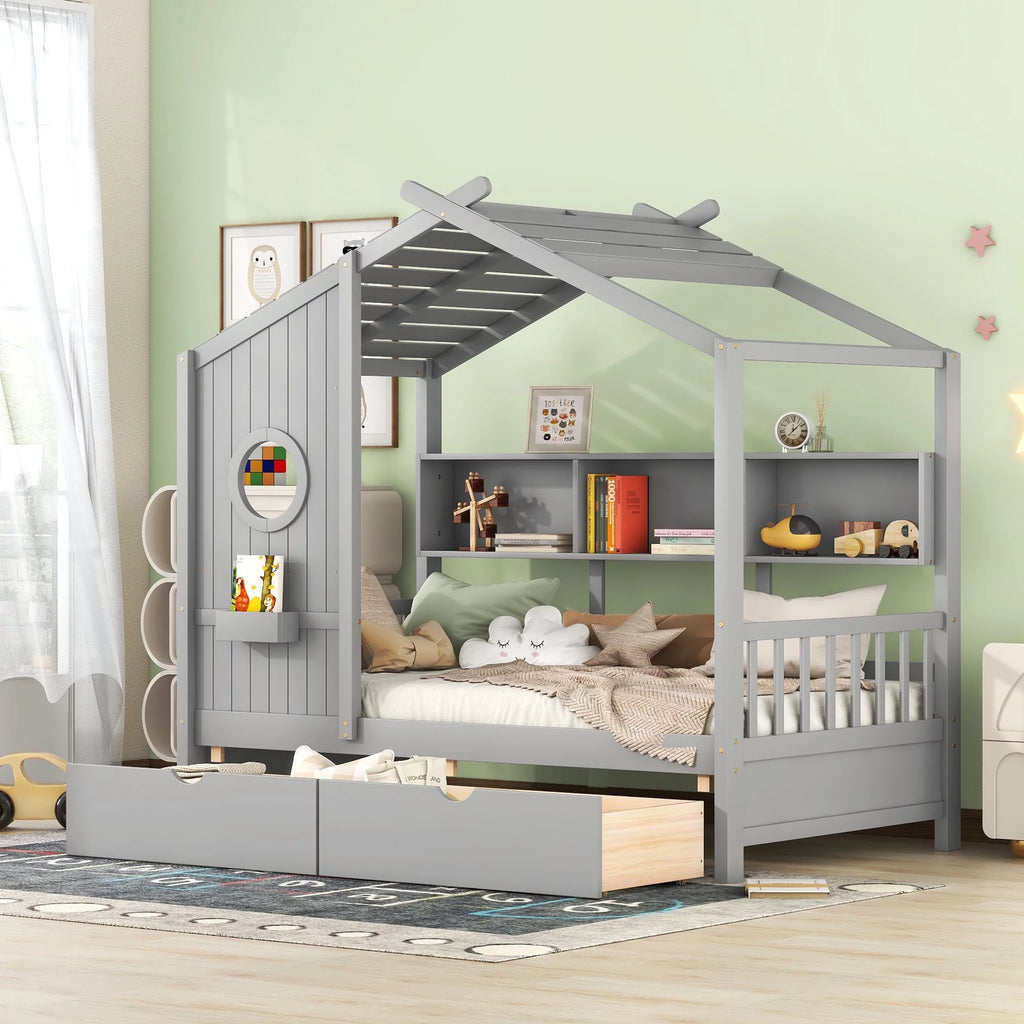 Gray Wood Twin Size Kids House Bed with 2 Drawers and Storage Shelves X96744