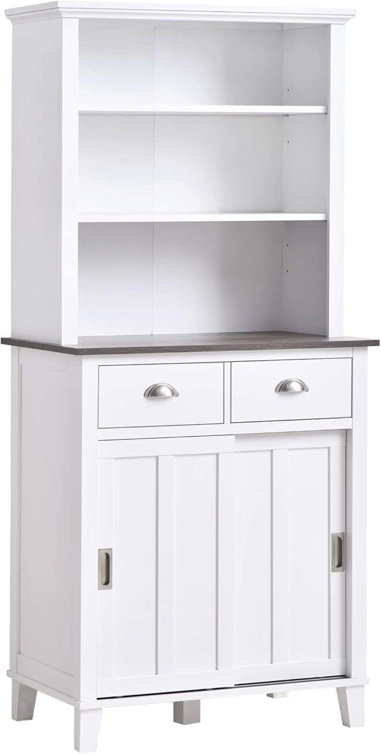 67 Freestanding Buffet with Hutch, Sliding Doors, Drawers and Open Shelves, Black V169271