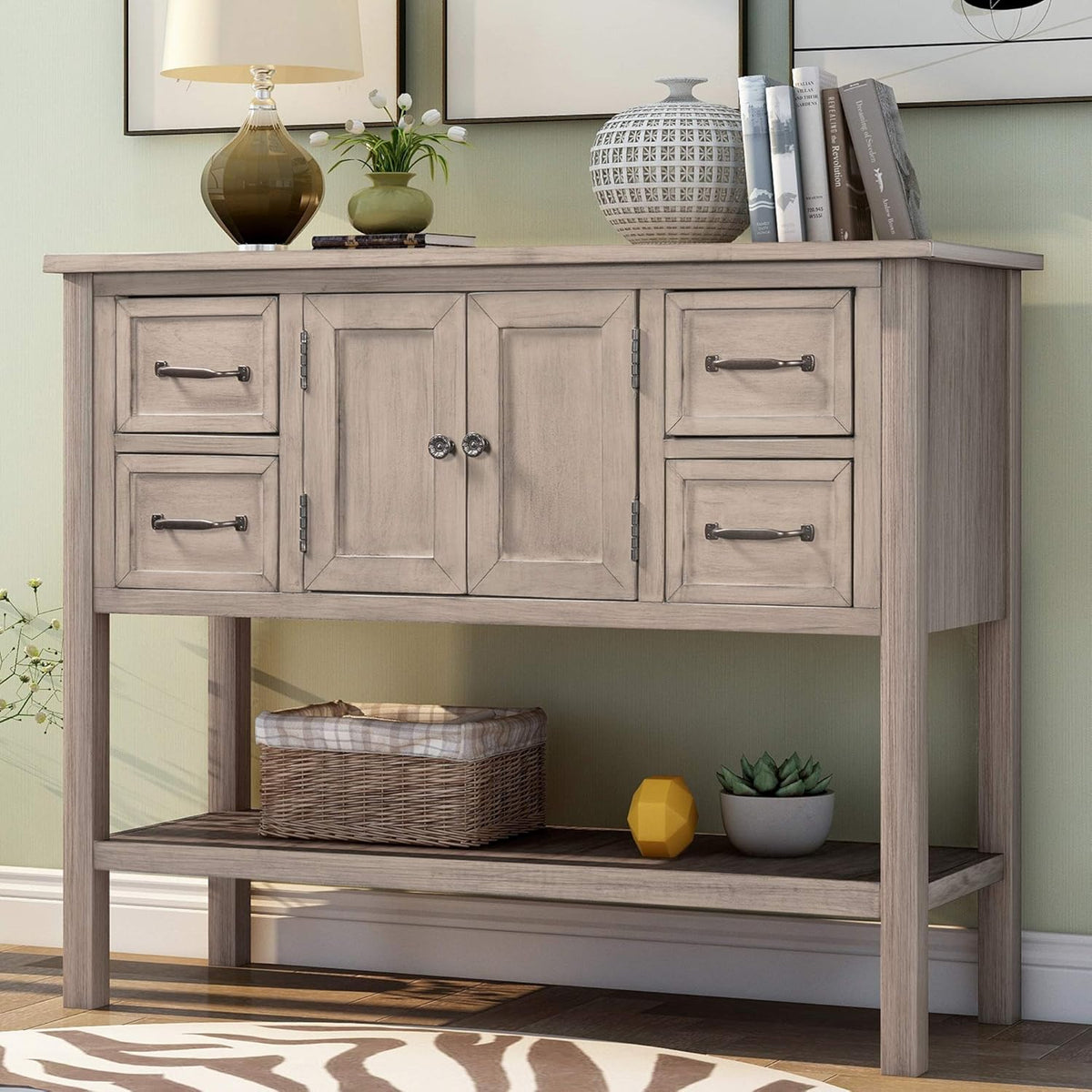 Green Wood Console Table with Drawer and Bottom Shelf S64167