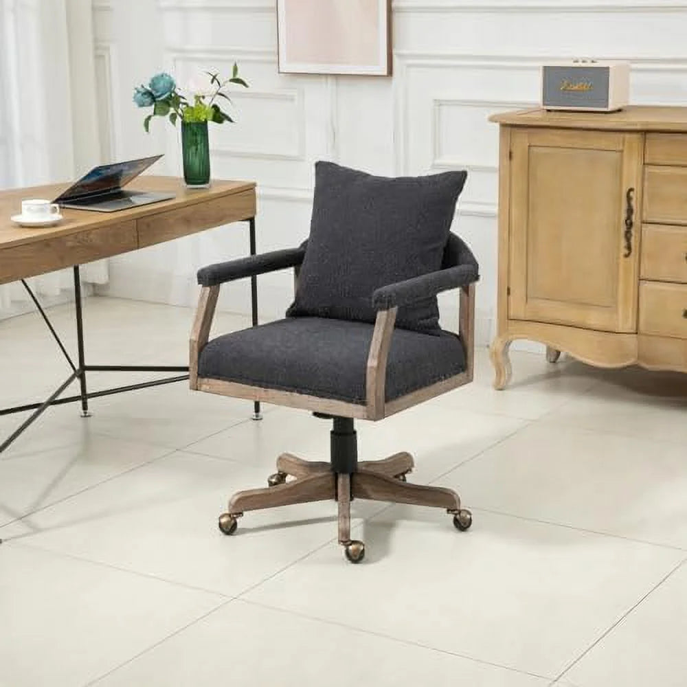 Black Boucle Desk Chair with Wheels and Wood Legs F6286