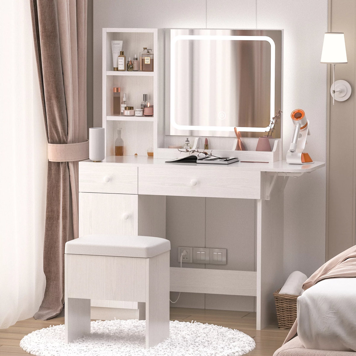 White Vanity Desk with Lighted Mirror and Stool T384072