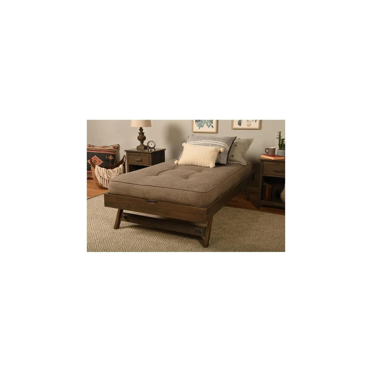 Walnut Brown Wood Pop Up Bed with Linen Mattress I97909