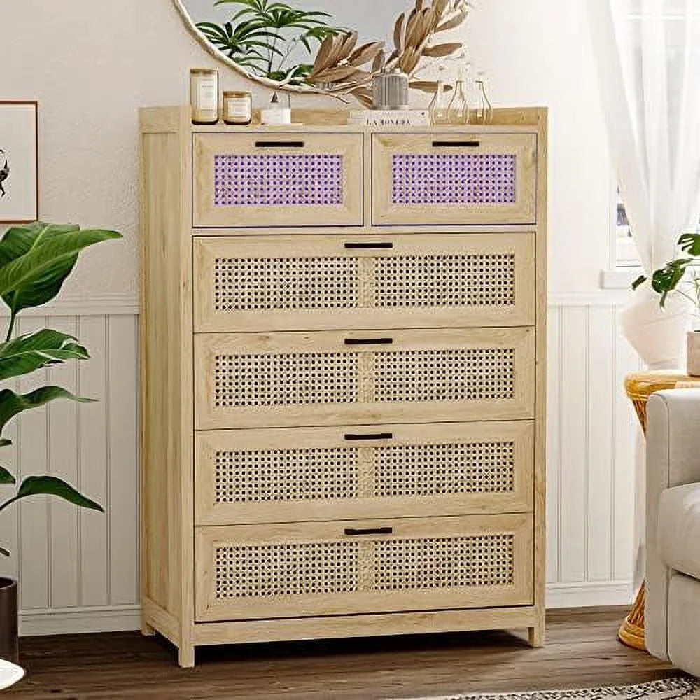 Rattan 6 Drawer Wood Dresser with LED Lights I2003