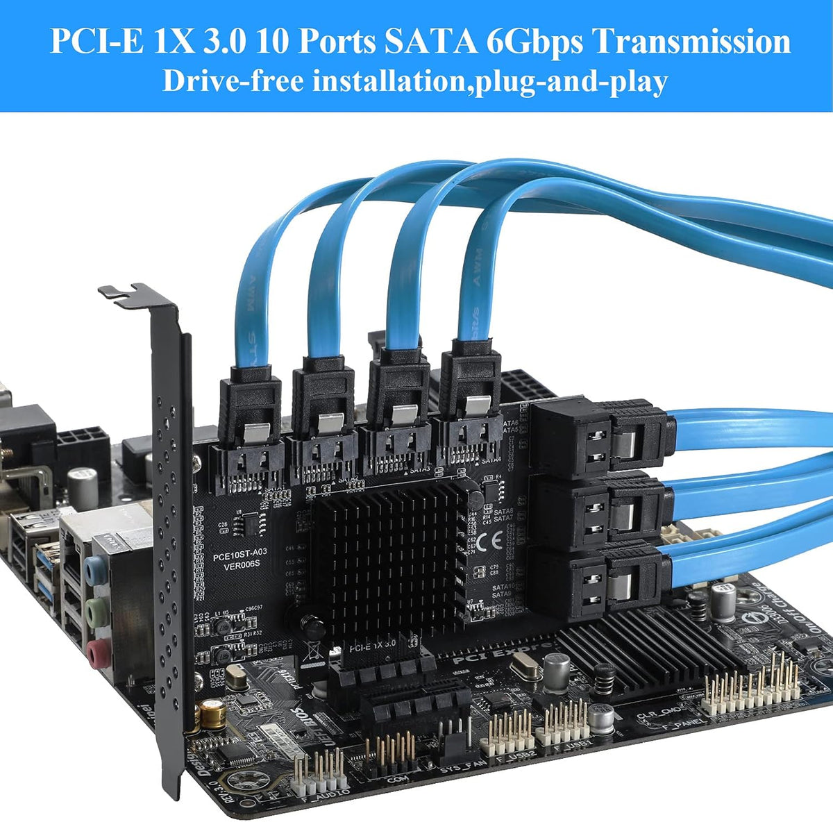 PCIE 1X 10 Ports 6 Gbps SATA 3.0 Expansion Card with Low Profile Bracket and 10 SATA Cables V146720