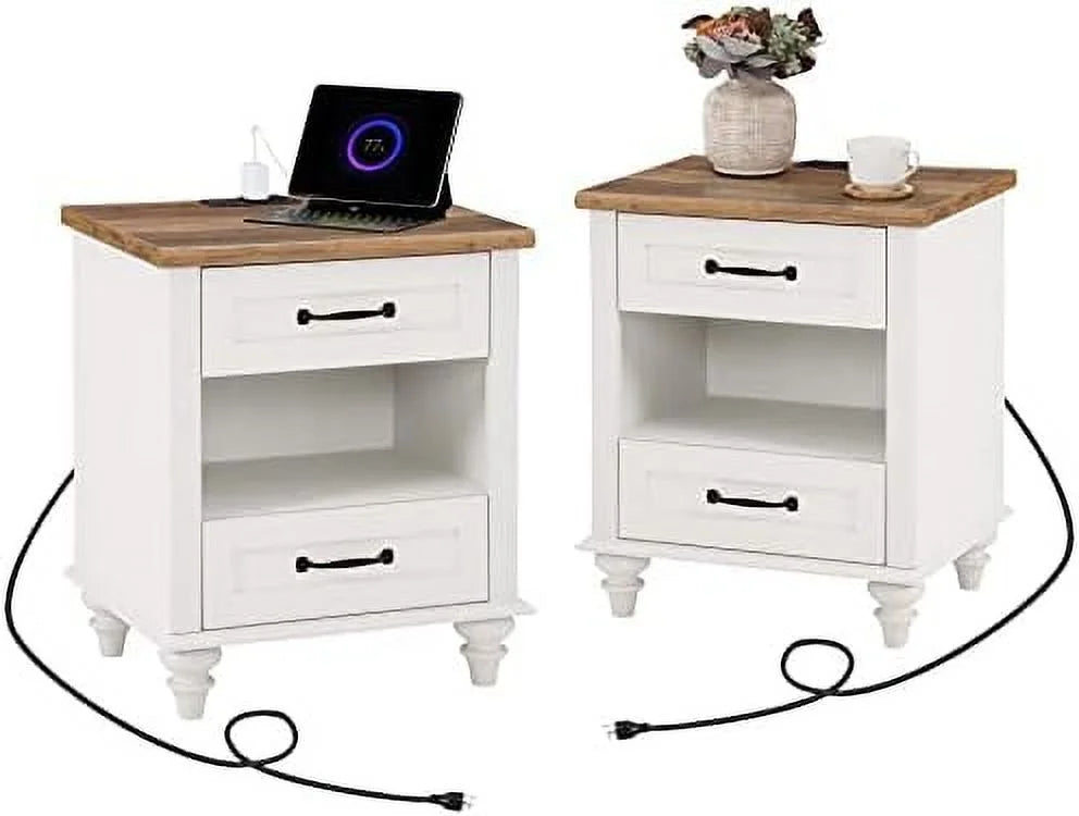 Antique White Nightstand with Charging Station and 2 Drawers G7078