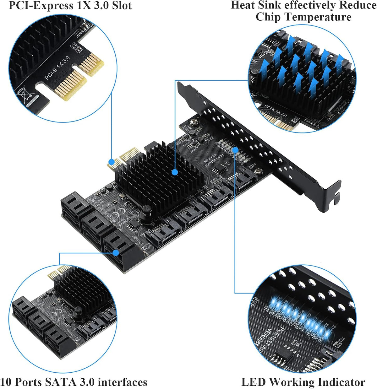PCIE 1X 10 Ports 6 Gbps SATA 3.0 Expansion Card with Low Profile Bracket and 10 SATA Cables V146720